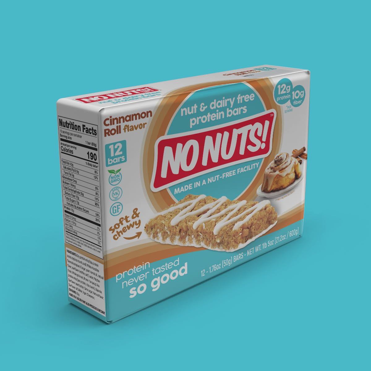 No Nuts! Cinnamon Roll Protein Bars – Nut-Free, Dairy-Free, Vegan, Organic, 12g Protein, 10g Fiber, 12 Count