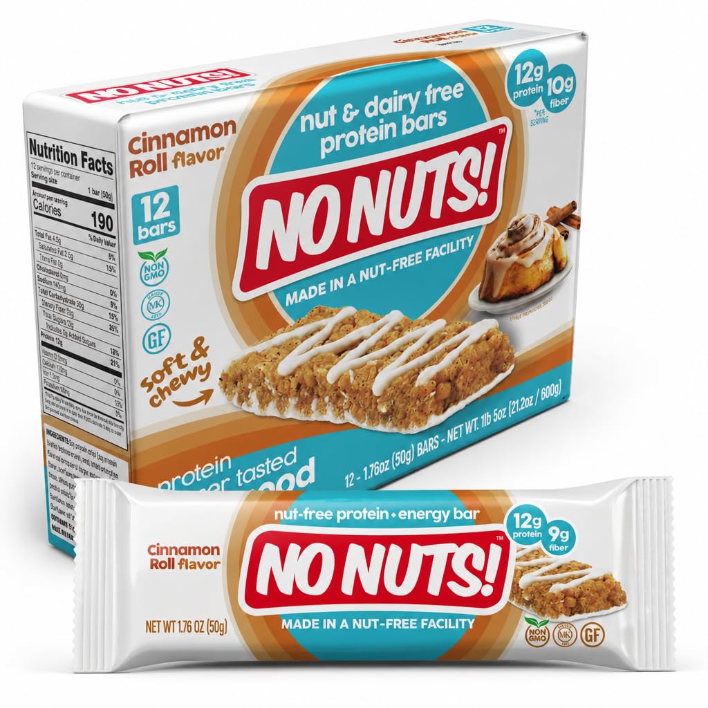 No Nuts! Cinnamon Roll Protein Bars – Nut-Free, Dairy-Free, Vegan, Organic, 12g Protein, 10g Fiber, 12 Count