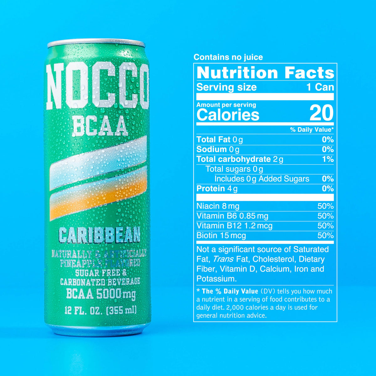 NOCCO Zero Sugar BCAA Drink Caribbean Pineapple – 12 Pack, 0 Caffeine, 5g BCAAs, 20 Calories, Biotin & Vitamins