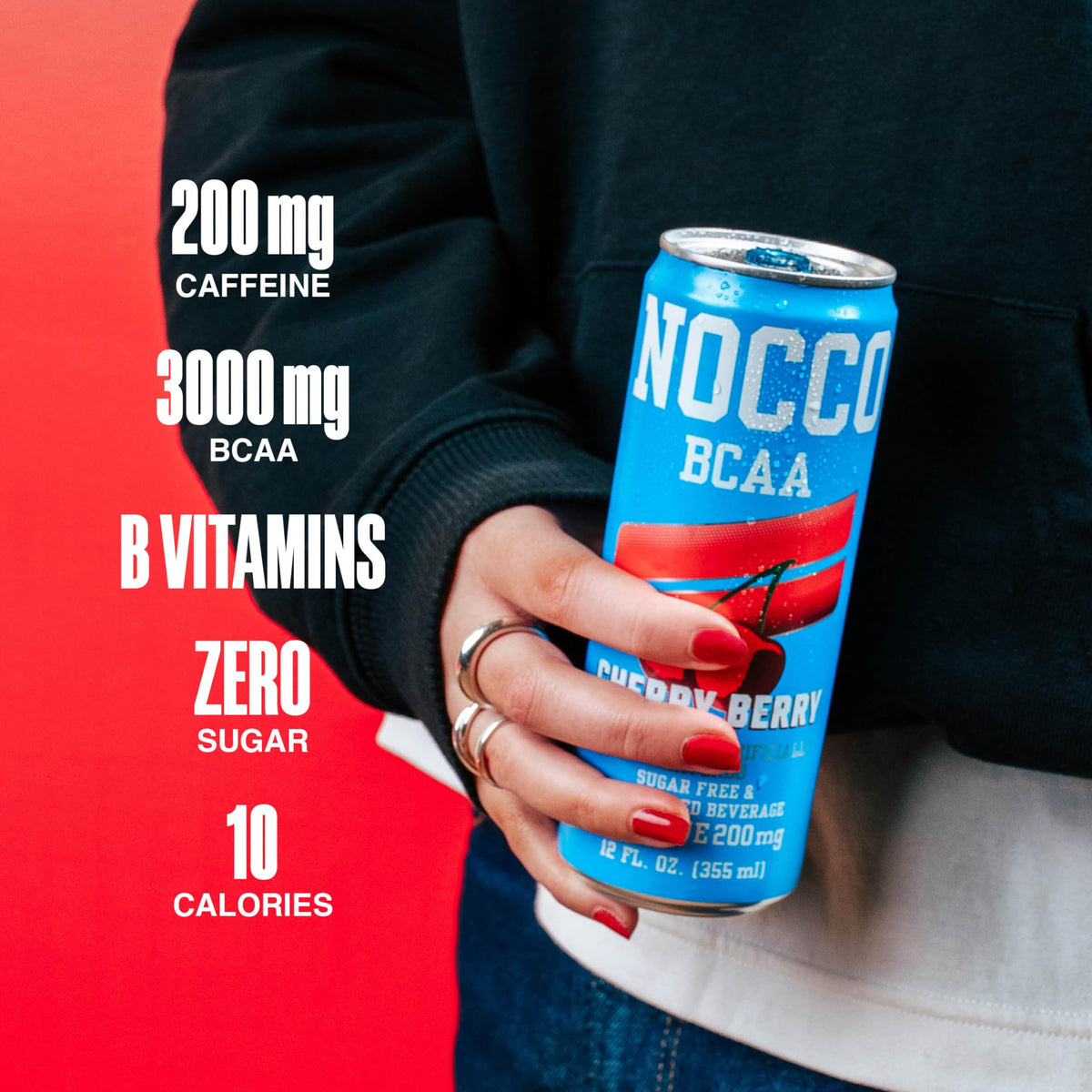 NOCCO BCAA Cherry Berry Energy Drink – 12 x 12oz, Sugar Free, 200mg Caffeine