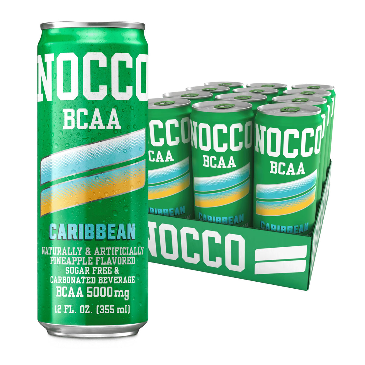 NOCCO Zero Sugar BCAA Drink Caribbean Pineapple – 12 Pack, 0 Caffeine, 5g BCAAs, 20 Calories, Biotin & Vitamins