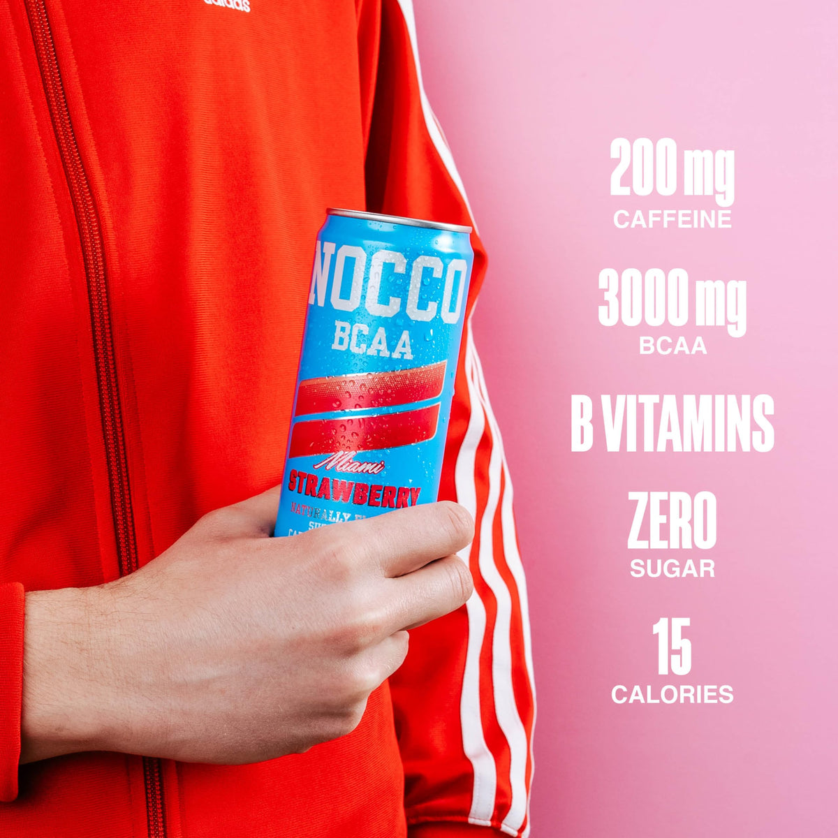 NOCCO Zero Sugar Miami Strawberry Energy Drink – 12 Pack, 180mg Caffeine, BCAAs, 10 Calories