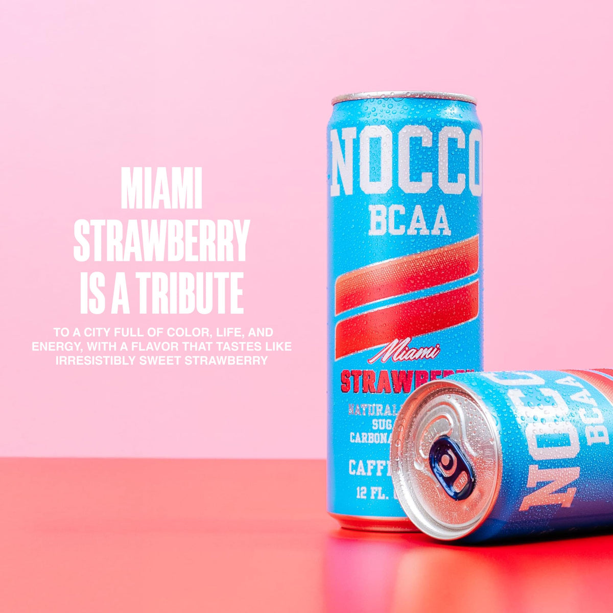 NOCCO Zero Sugar Miami Strawberry Energy Drink – 12 Pack, 180mg Caffeine, BCAAs, 10 Calories