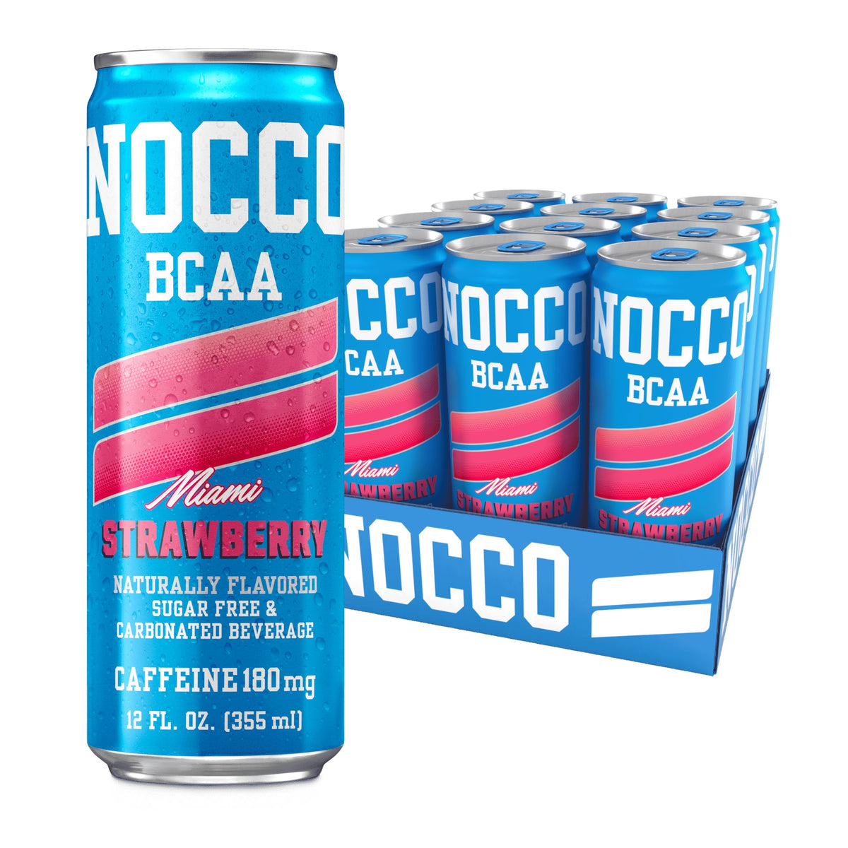 NOCCO Zero Sugar Miami Strawberry Energy Drink – 12 Pack, 180mg Caffeine, BCAAs, 10 Calories