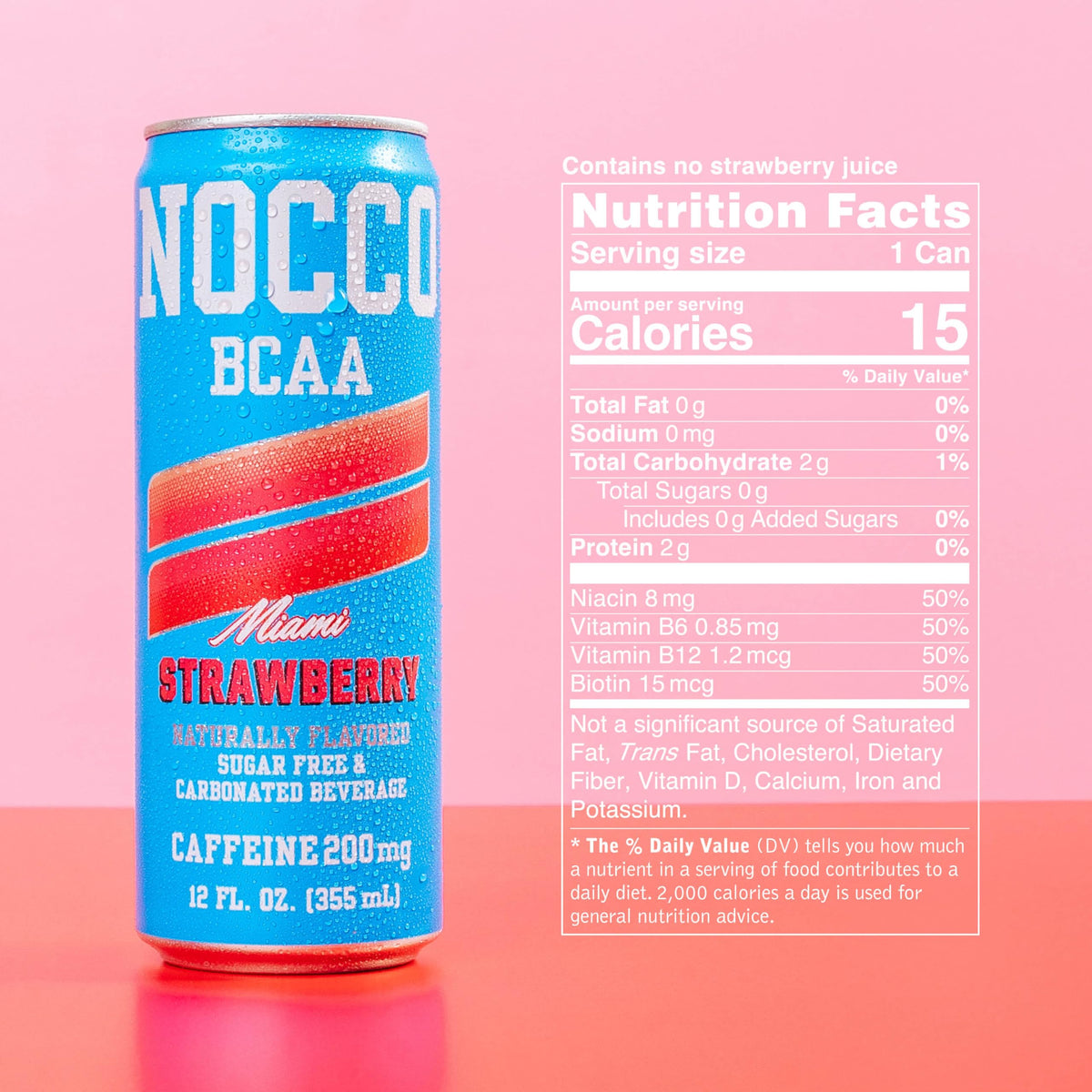 NOCCO Zero Sugar Miami Strawberry Energy Drink – 12 Pack, 180mg Caffeine, BCAAs, 10 Calories