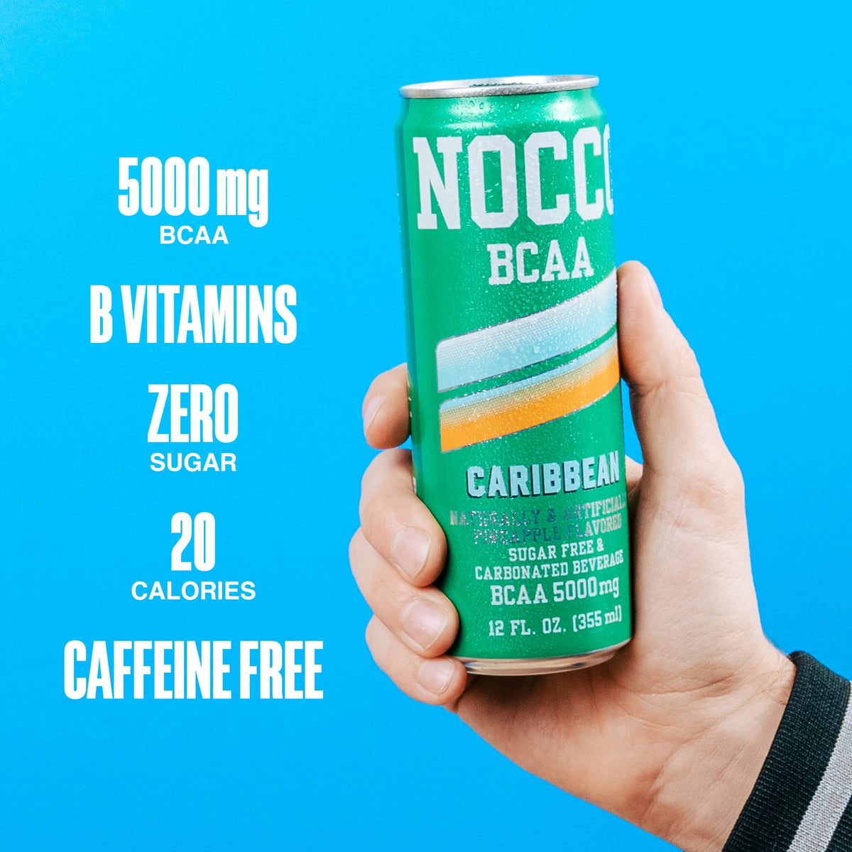 NOCCO Zero Sugar BCAA Drink Caribbean Pineapple – 12 Pack, 0 Caffeine, 5g BCAAs, 20 Calories, Biotin & Vitamins
