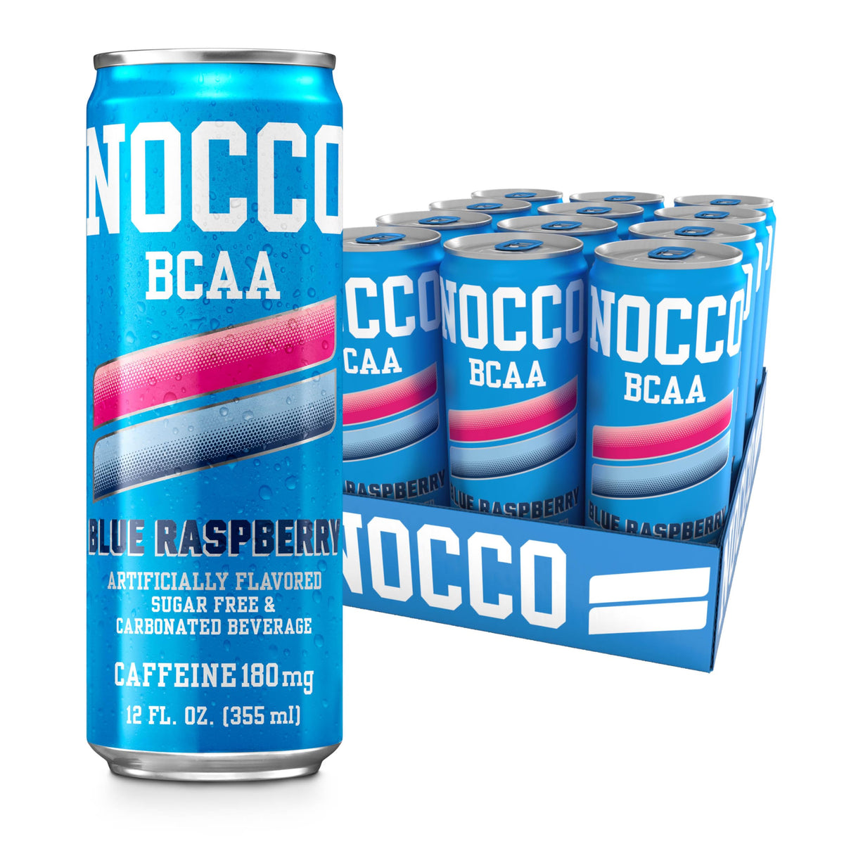 NOCCO Zero Sugar Blue Raspberry Energy Drink – 12-Pack, 180–200 mg Caffeine, BCAAs, Sugar Free