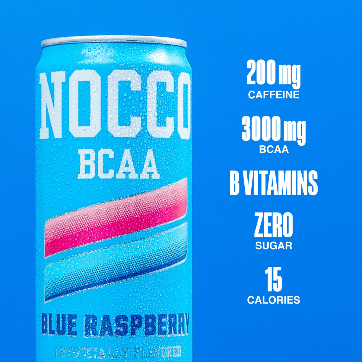 NOCCO Zero Sugar Blue Raspberry Energy Drink – 12-Pack, 180–200 mg Caffeine, BCAAs, Sugar Free