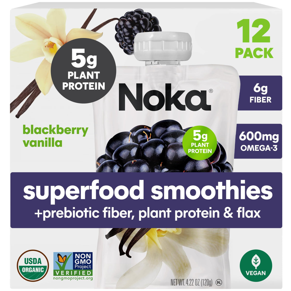 NOKA Blackberry Vanilla Superfood Smoothie Pouches – 12 Pack