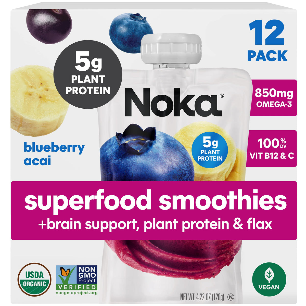 NOKA Superfood Smoothie Pouches – Blueberry Acai with Brain Support (12x4.22 oz)