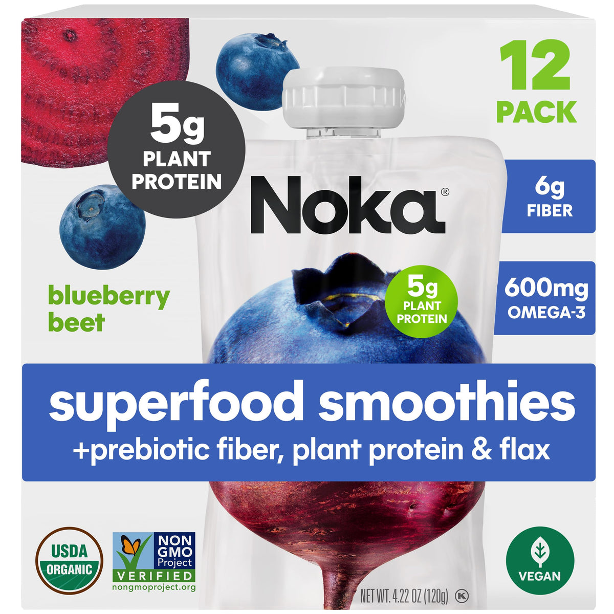 NOKA Blueberry Beet Superfood Smoothie Pouches – 12 Pack, Plant Protein, Prebiotic Fiber, Vegan & Gluten Free