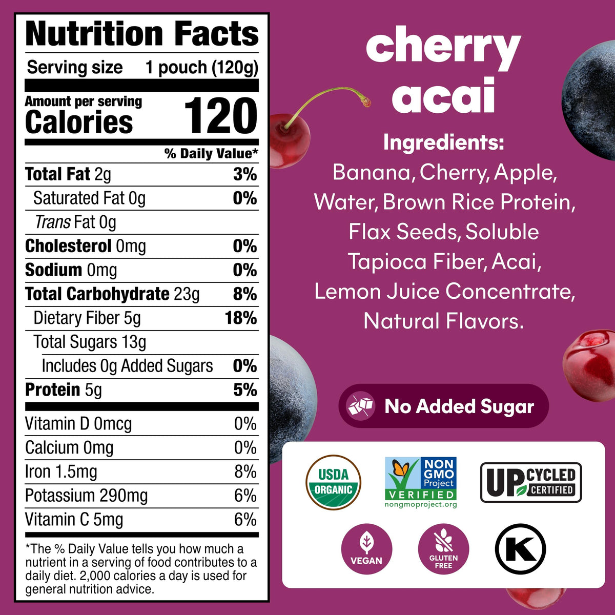 NOKA Cherry Acai Smoothie Pouches – 12 Pack, Plant Protein & Prebiotic Fiber
