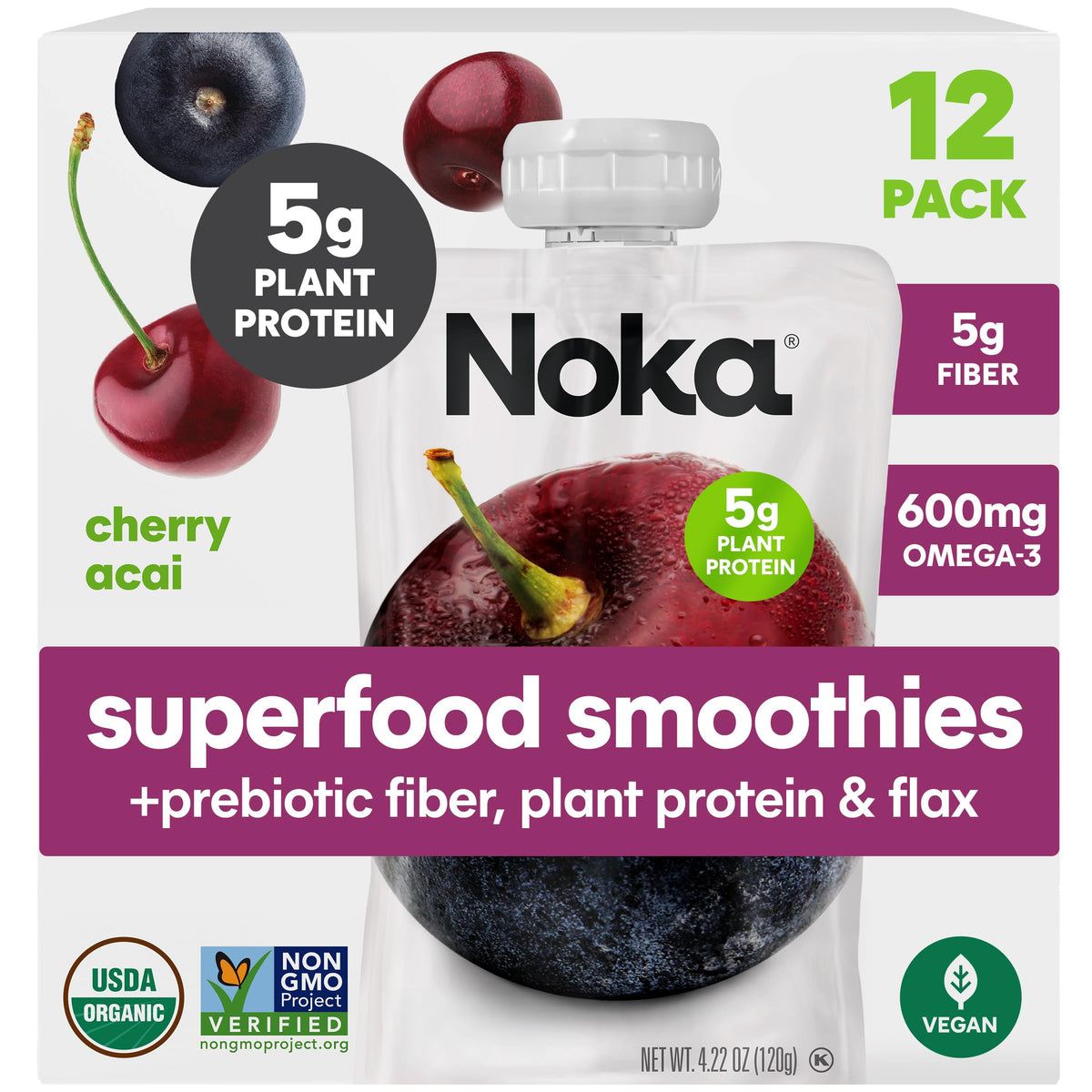 NOKA Cherry Acai Smoothie Pouches – 12 Pack, Plant Protein & Prebiotic Fiber