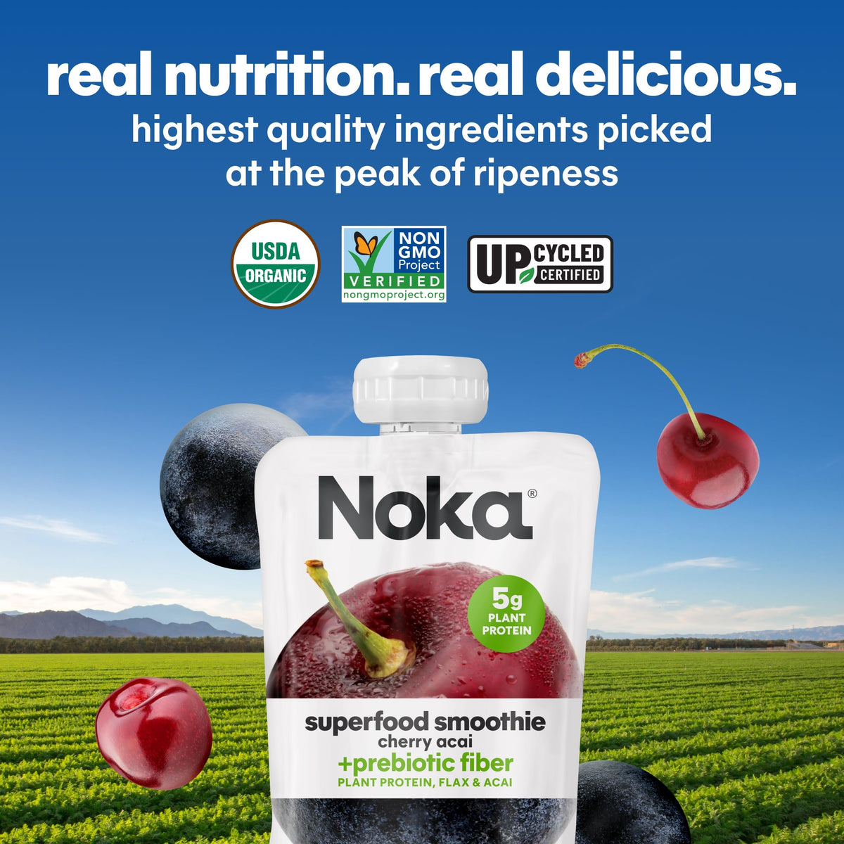 NOKA Cherry Acai Smoothie Pouches – 12 Pack, Plant Protein & Prebiotic Fiber