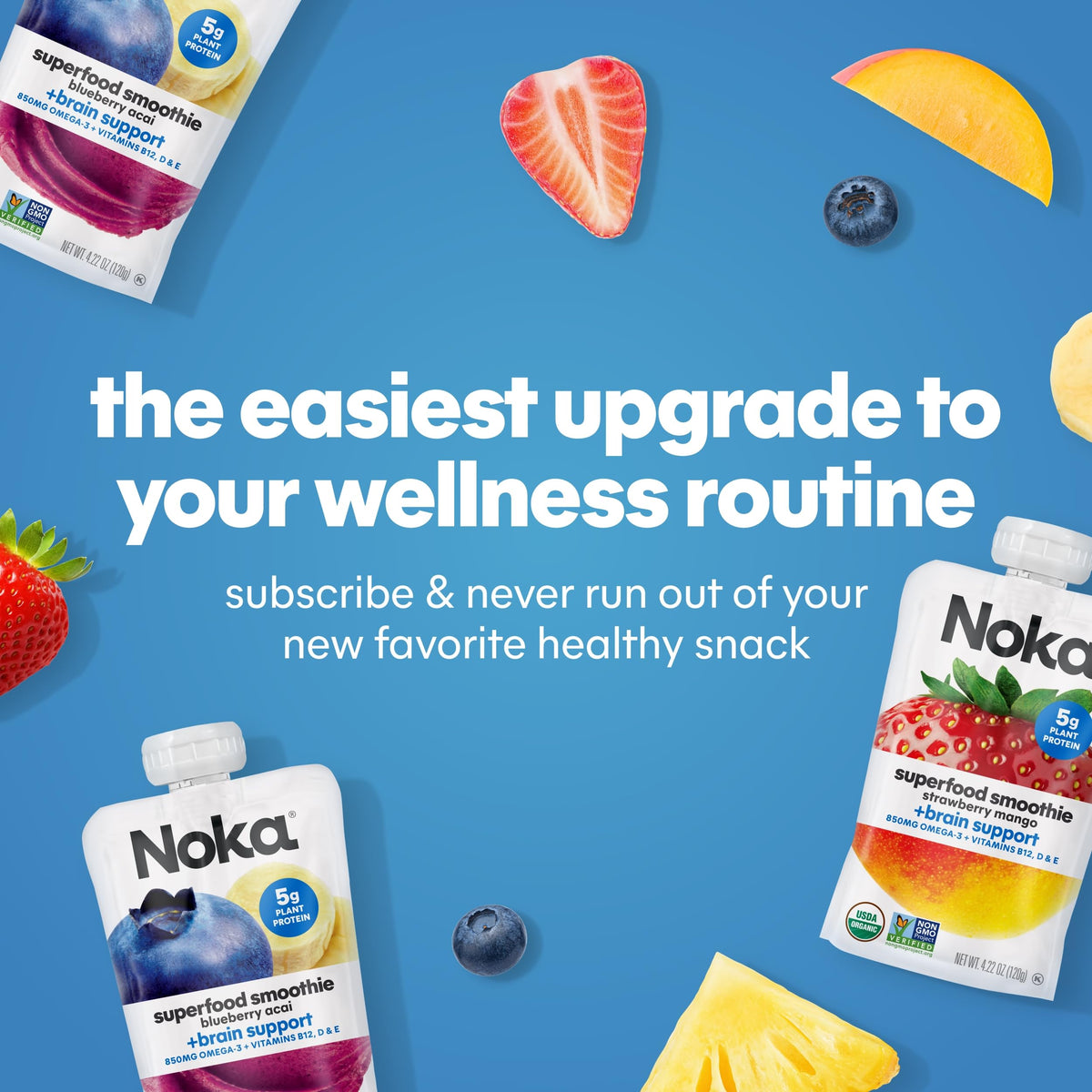 NOKA Superfood Smoothie Pouches – Blueberry Acai with Brain Support (12x4.22 oz)
