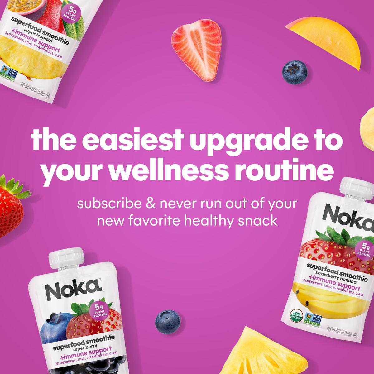 NOKA Superfood Fruit Smoothie Pouches with Immune Support – Tropical, 4.22 oz, Pack of 12
