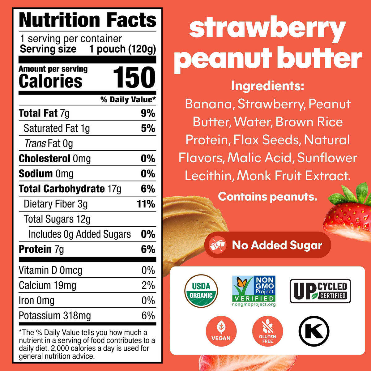 NOKA Superfood Nut Butter Smoothie Pouches – Organic Strawberry Peanut Butter, Plant Protein & Gluten Free, 4.22 oz (12-Pack)
