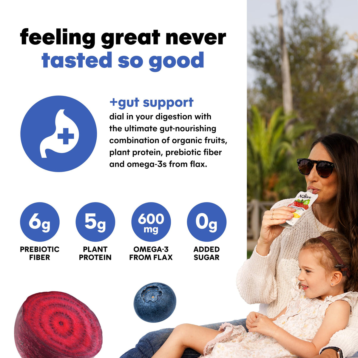 NOKA Blueberry Beet Superfood Smoothie Pouches – 12 Pack, Plant Protein, Prebiotic Fiber, Vegan & Gluten Free
