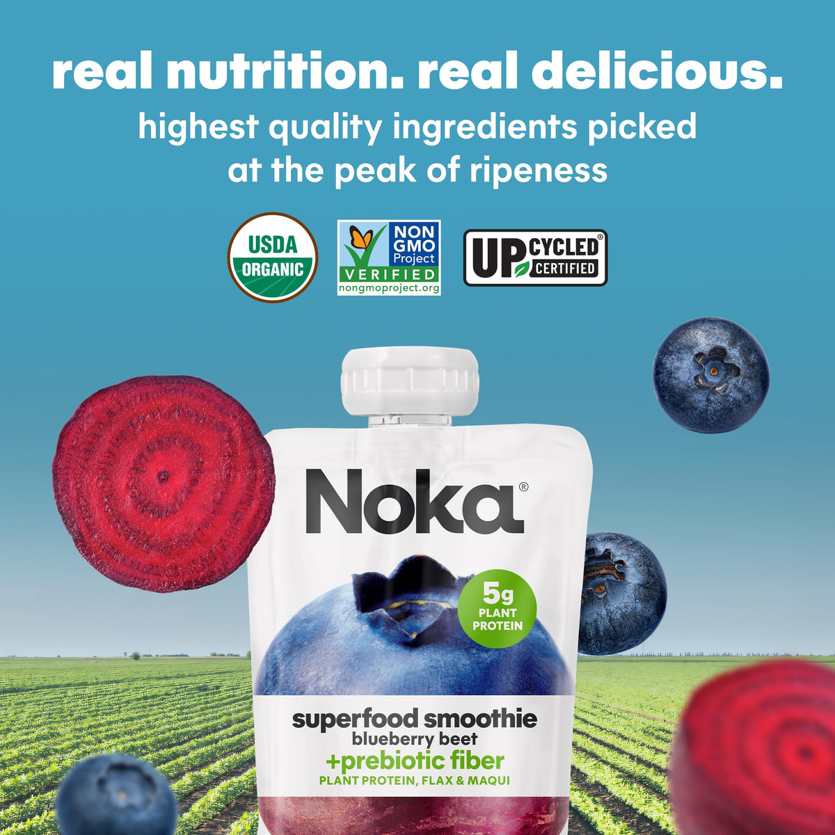 NOKA Blueberry Beet Superfood Smoothie Pouches – 12 Pack, Plant Protein, Prebiotic Fiber, Vegan & Gluten Free