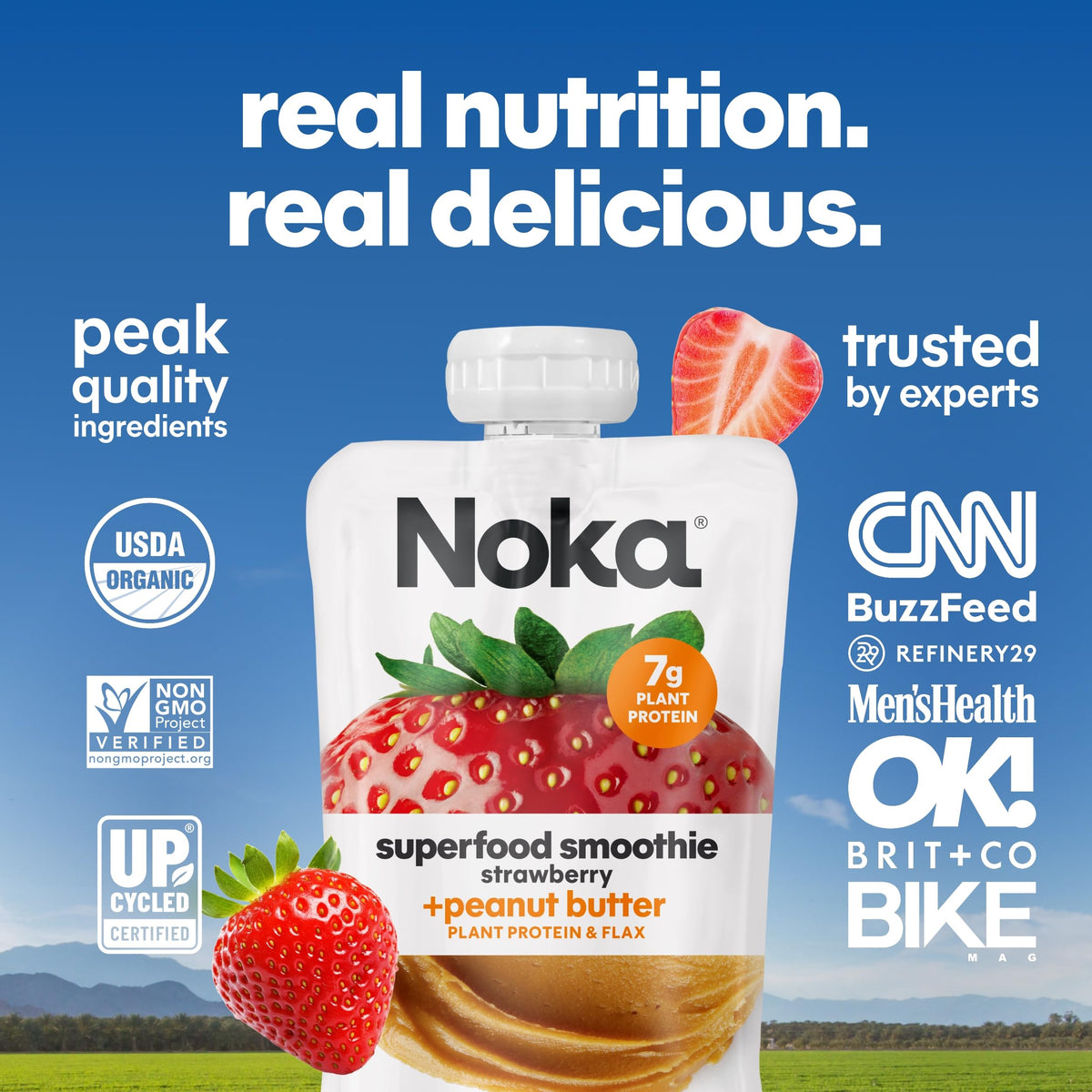 NOKA Superfood Nut Butter Smoothie Pouches – Organic Strawberry Peanut Butter, Plant Protein & Gluten Free, 4.22 oz (12-Pack)