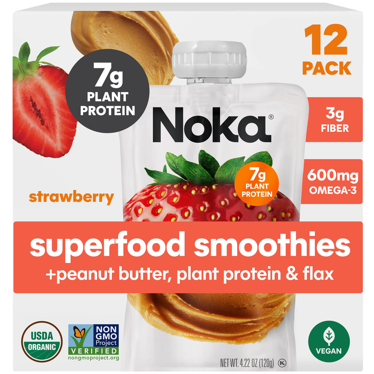 NOKA Superfood Nut Butter Smoothie Pouches – Organic Strawberry Peanut Butter, Plant Protein & Gluten Free, 4.22 oz (12-Pack)