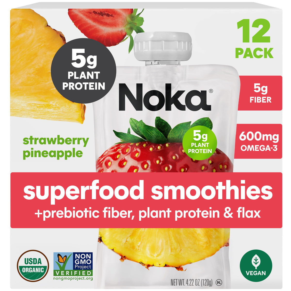 NOKA Superfood Strawberry Pineapple Smoothie Pouches - 12 Pack, Plant Protein, Prebiotic Fiber, Vegan & Gluten Free