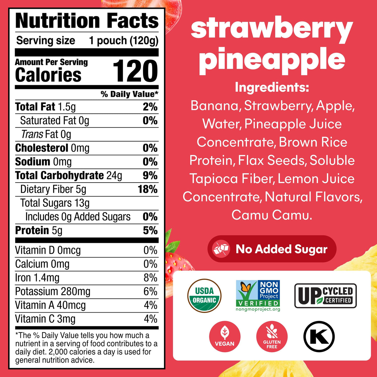 NOKA Superfood Strawberry Pineapple Smoothie Pouches - 12 Pack, Plant Protein, Prebiotic Fiber, Vegan & Gluten Free