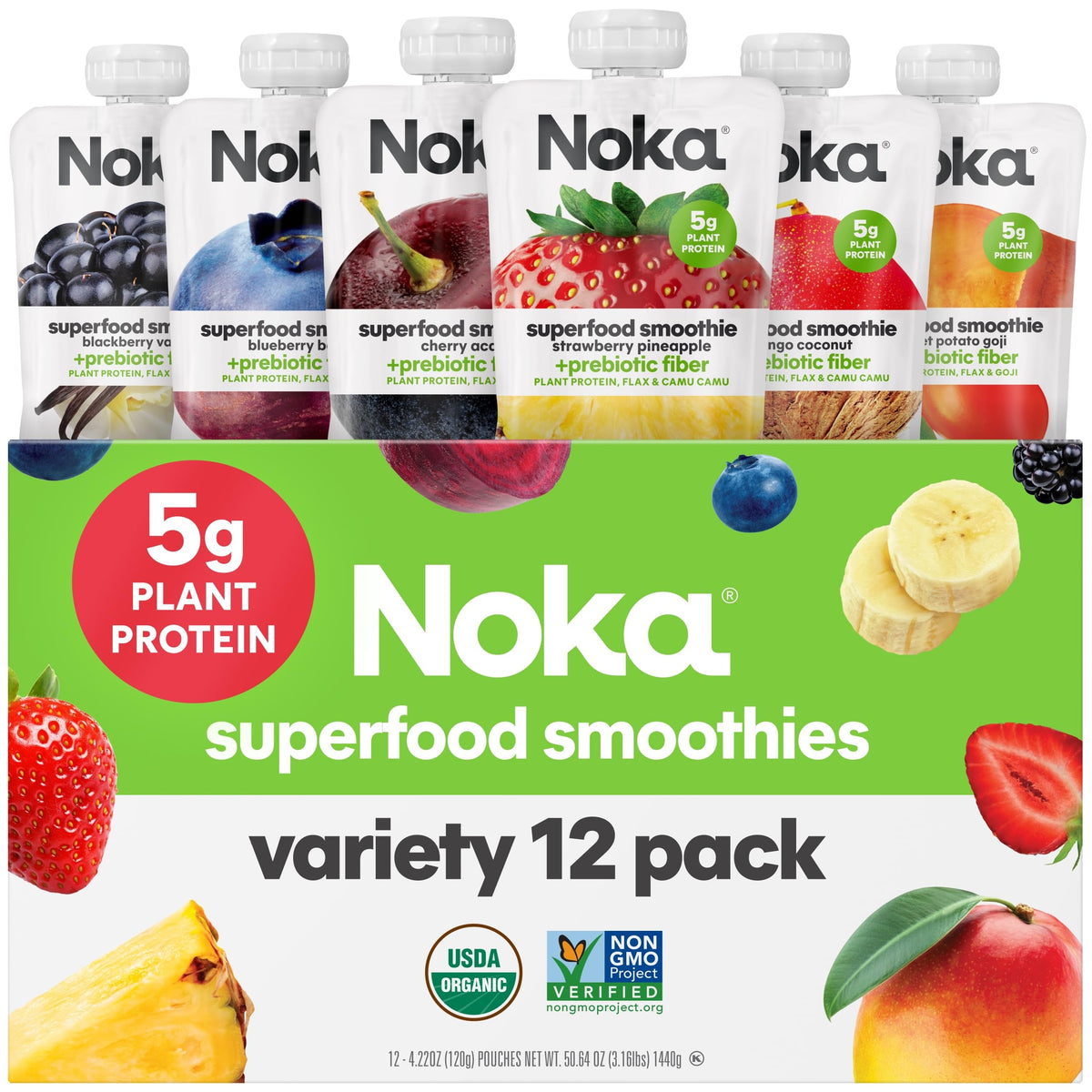 NOKA Superfood Fruit Smoothie Pouches Variety Pack – Plant-Based, Gluten-Free (12-Count)