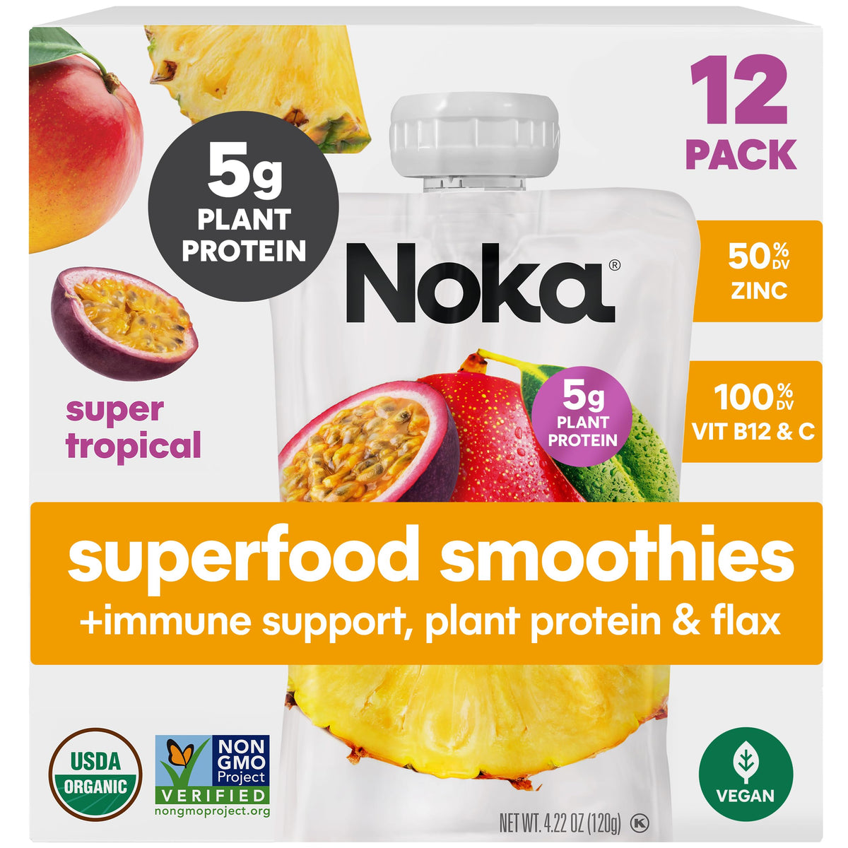 NOKA Superfood Fruit Smoothie Pouches with Immune Support – Tropical, 4.22 oz, Pack of 12