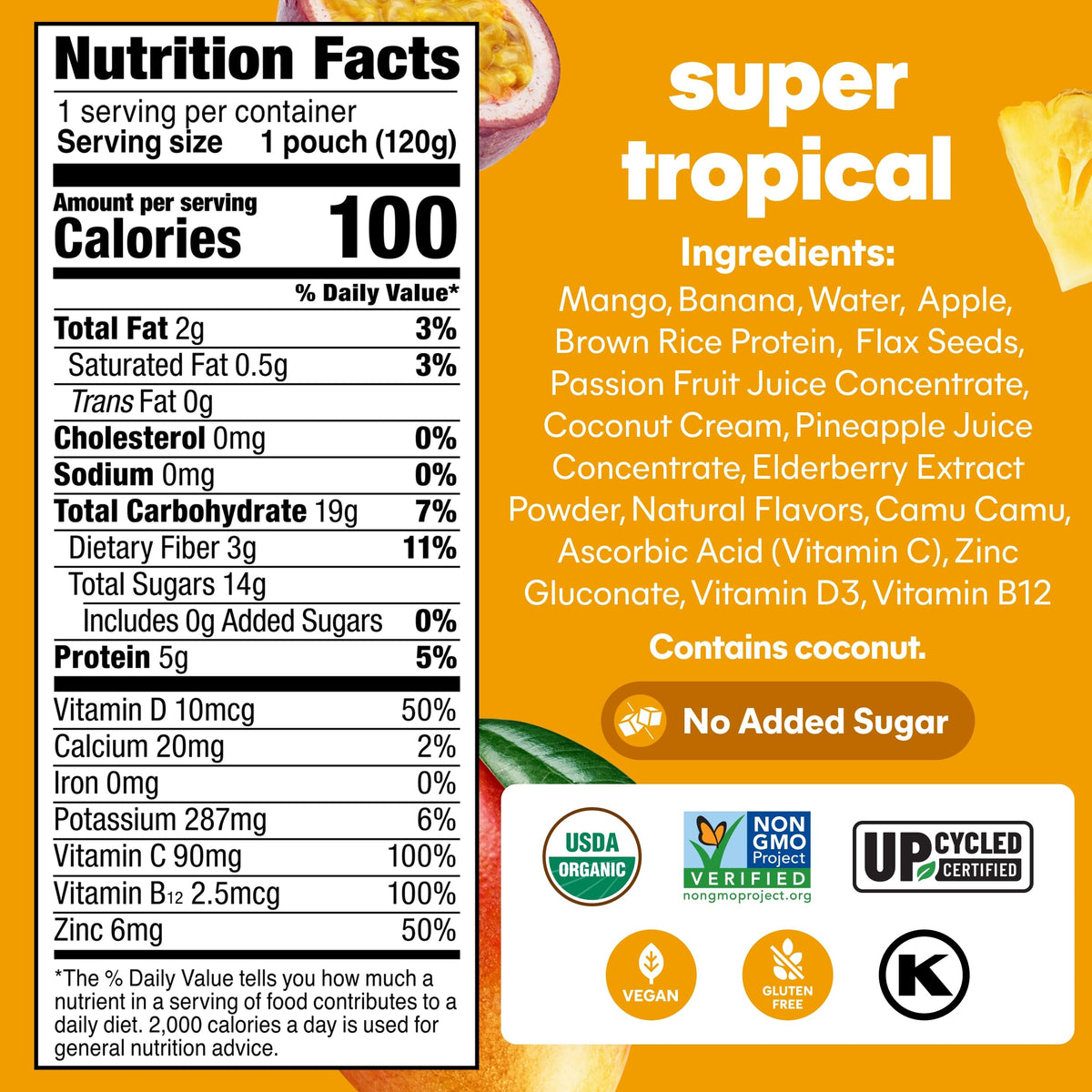 NOKA Superfood Fruit Smoothie Pouches with Immune Support – Tropical, 4.22 oz, Pack of 12