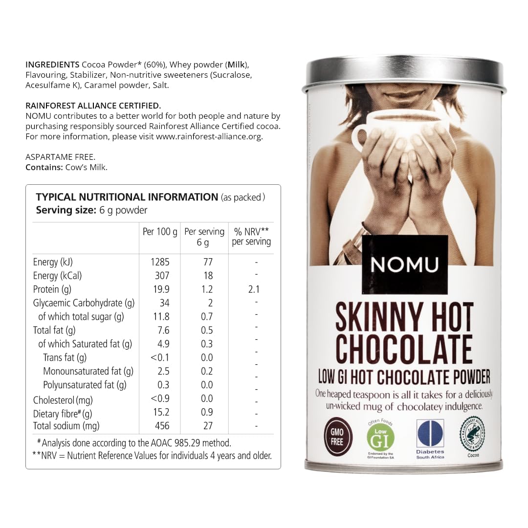 NOMU Skinny 60% Cocoa Hot Chocolate – 33 Servings, 20 Calories, Keto, Low GI, High Protein (2 Pack)