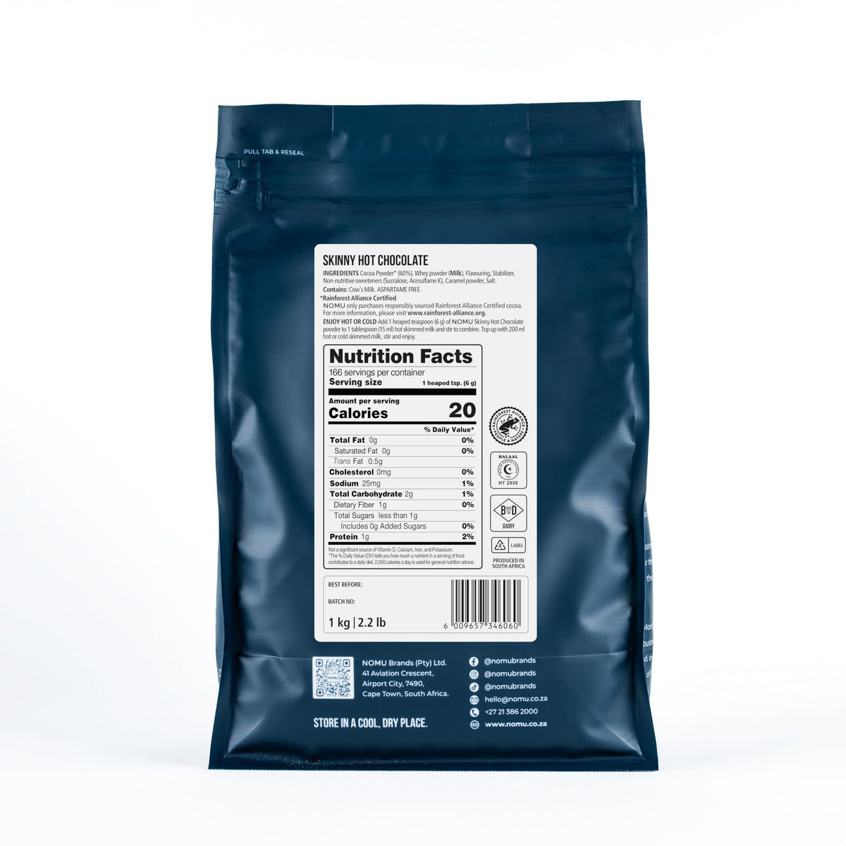 NOMU Skinny 60% Cocoa Hot Chocolate – 20 Calories, Keto & Low GI, High Protein (2.2lb Bulk Bag)