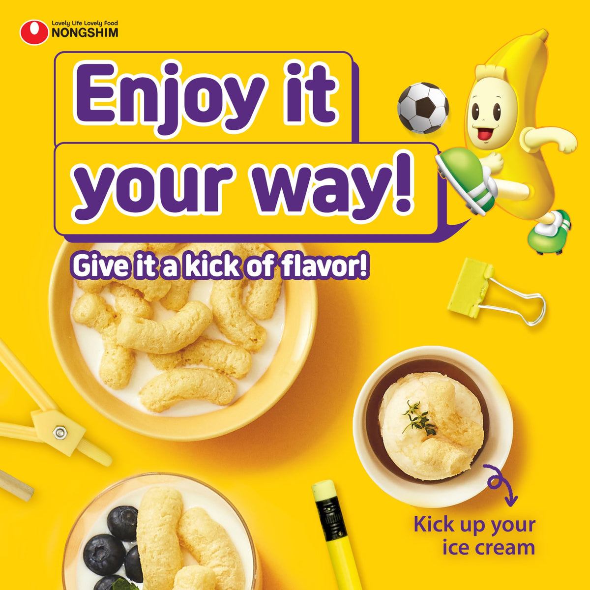 Nongshim Banana Kick Puff Snack – Crispy Banana Flavor Corn Puffs (1.58 oz x 20)