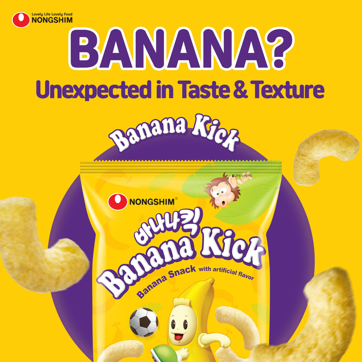 Nongshim Banana Kick Puff Snack – Crispy Banana Flavor Corn Puffs (1.58 oz x 20)