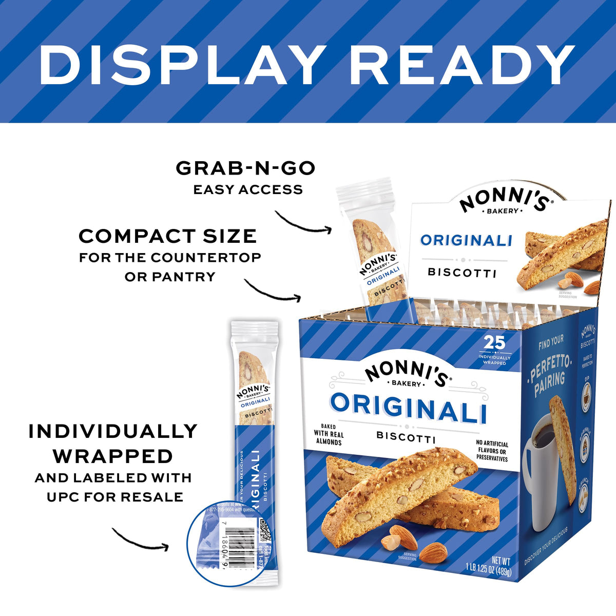 Nonni's Originali Classic Almond Biscotti – Individually Wrapped Twice-Baked Italian Snack, 80 Cal per Serving, 17.25 oz
