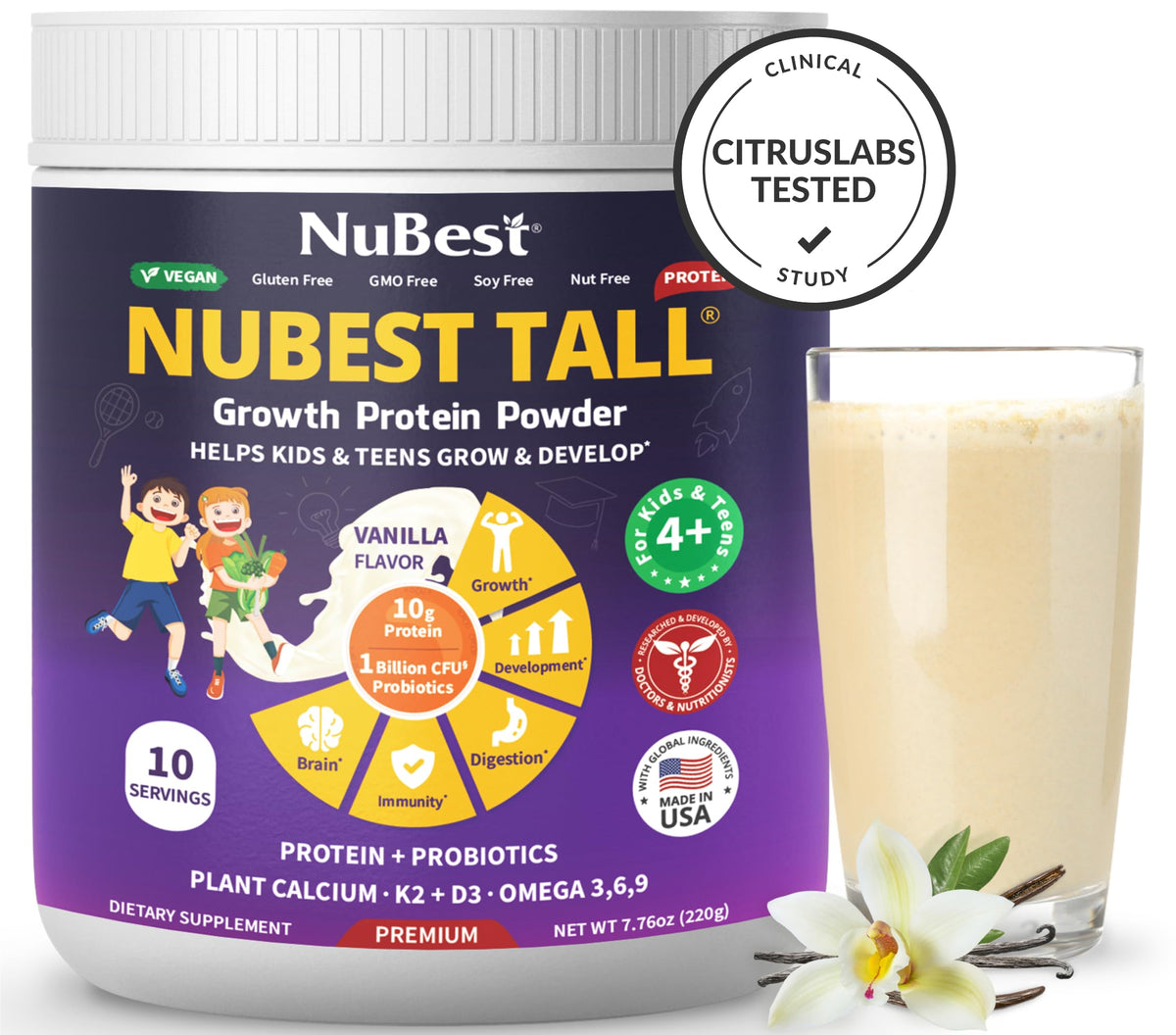 NuBest Tall Vanilla Plant-Based Protein Powder for Kids & Teens – 10 Servings, Probiotics, Omega 3-6-9, Vitamin D3 + K2, Calcium