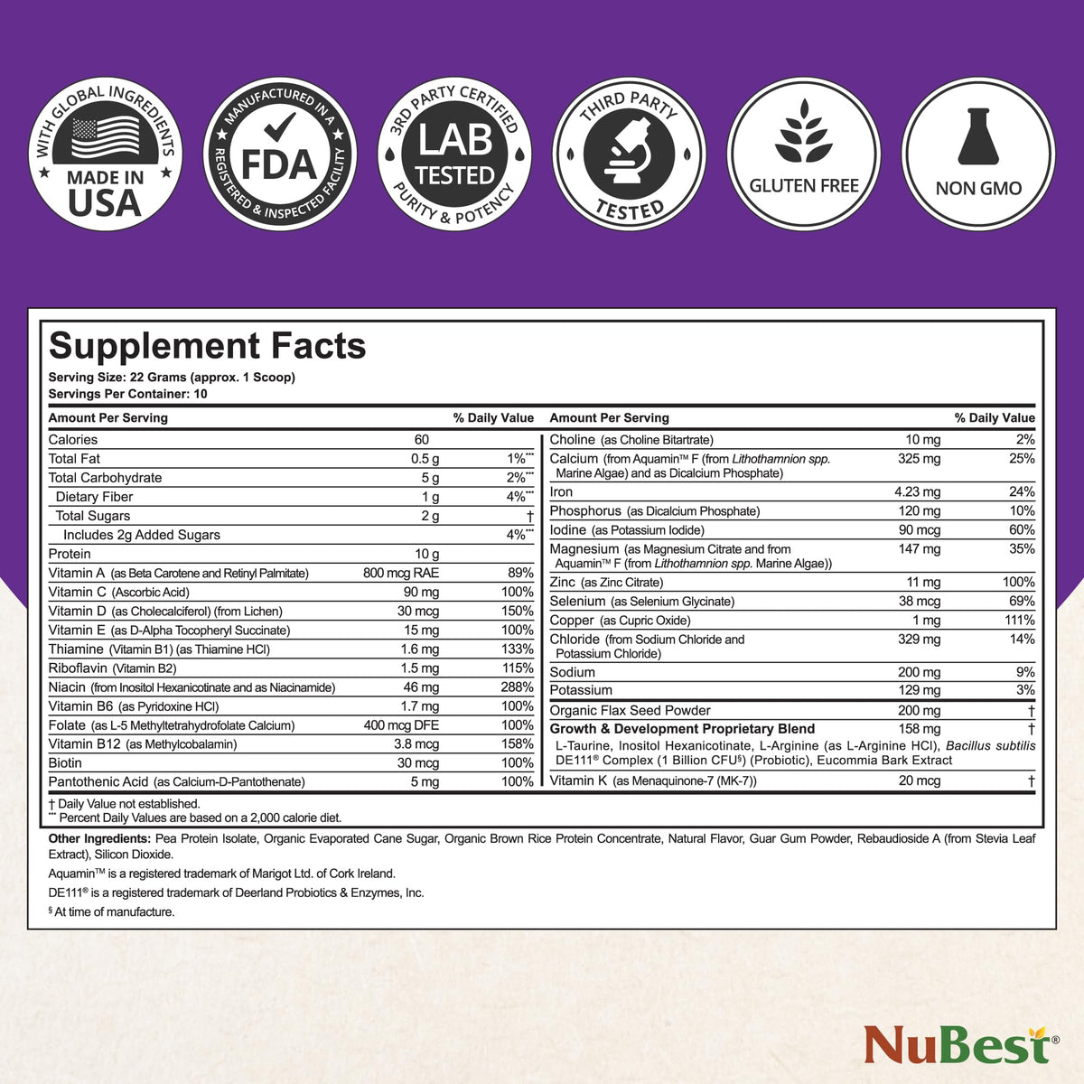 NuBest Tall Vanilla Plant-Based Protein Powder for Kids & Teens – 10 Servings, Probiotics, Omega 3-6-9, Vitamin D3 + K2, Calcium
