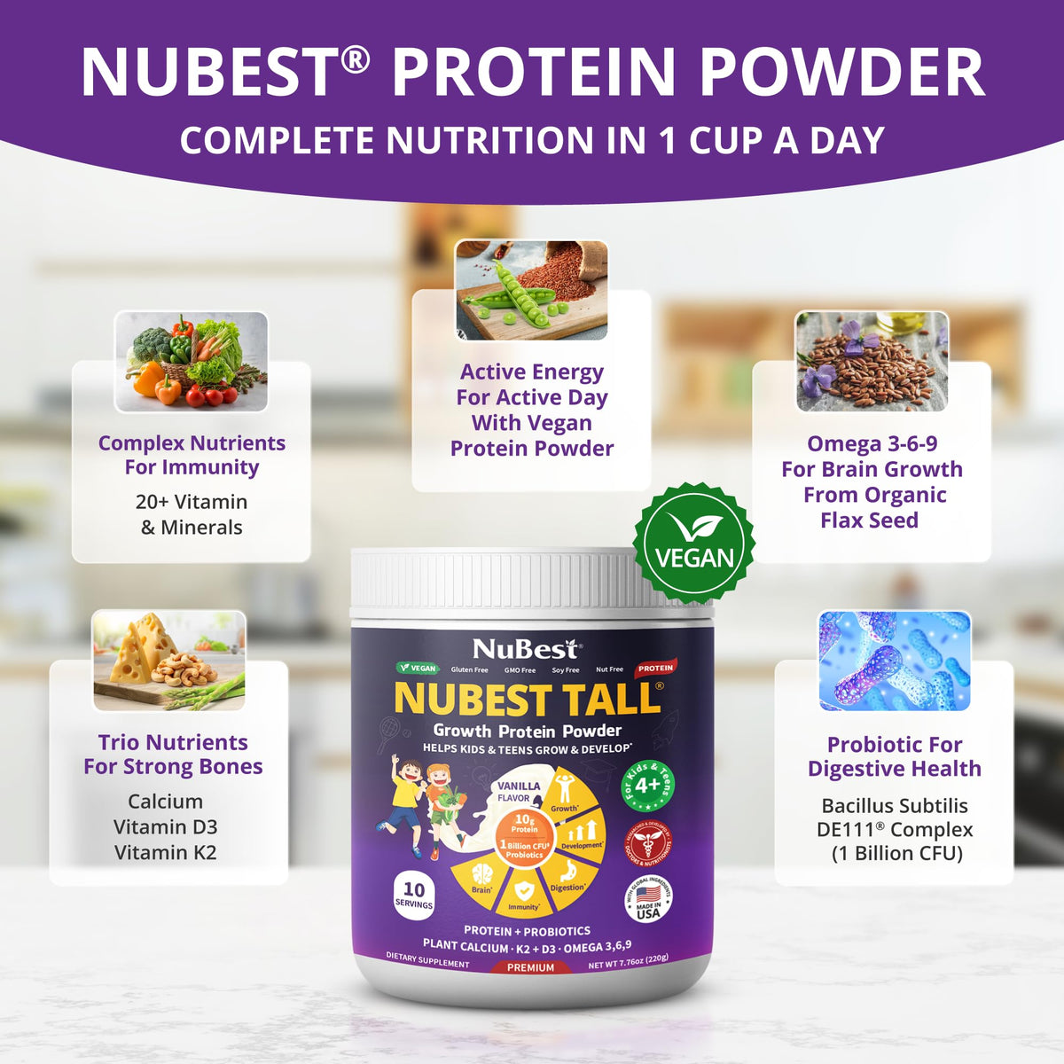 NuBest Tall Vanilla Plant-Based Protein Powder for Kids & Teens – 10 Servings, Probiotics, Omega 3-6-9, Vitamin D3 + K2, Calcium