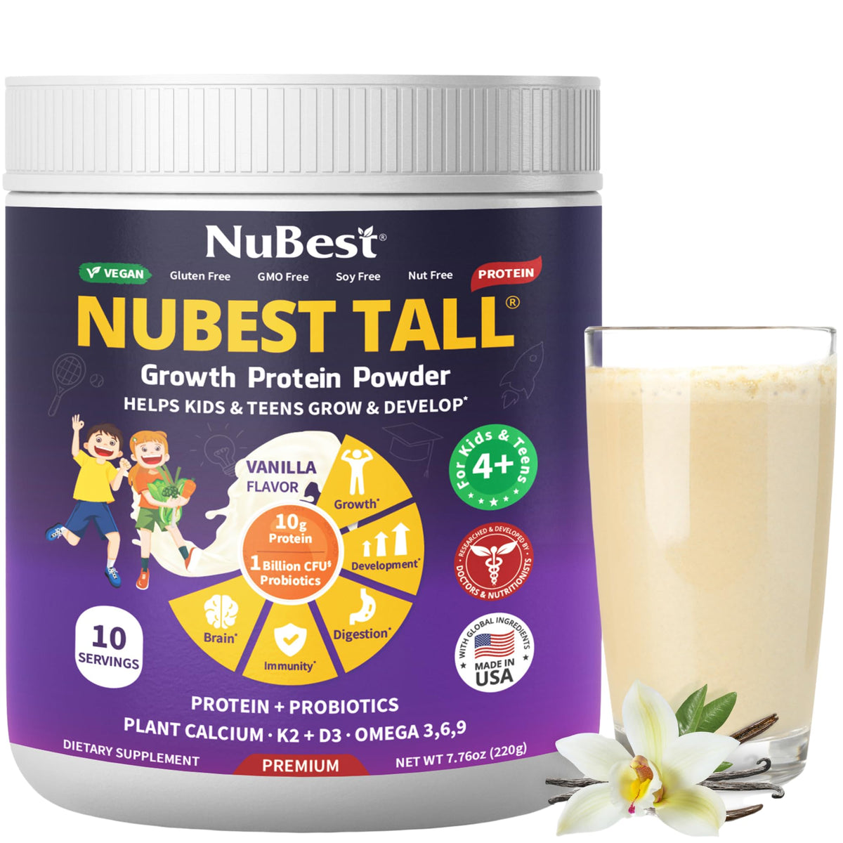 NuBest Tall Vanilla Plant-Based Protein Powder for Kids & Teens – 10 Servings, Probiotics, Omega 3-6-9, Vitamin D3 + K2, Calcium