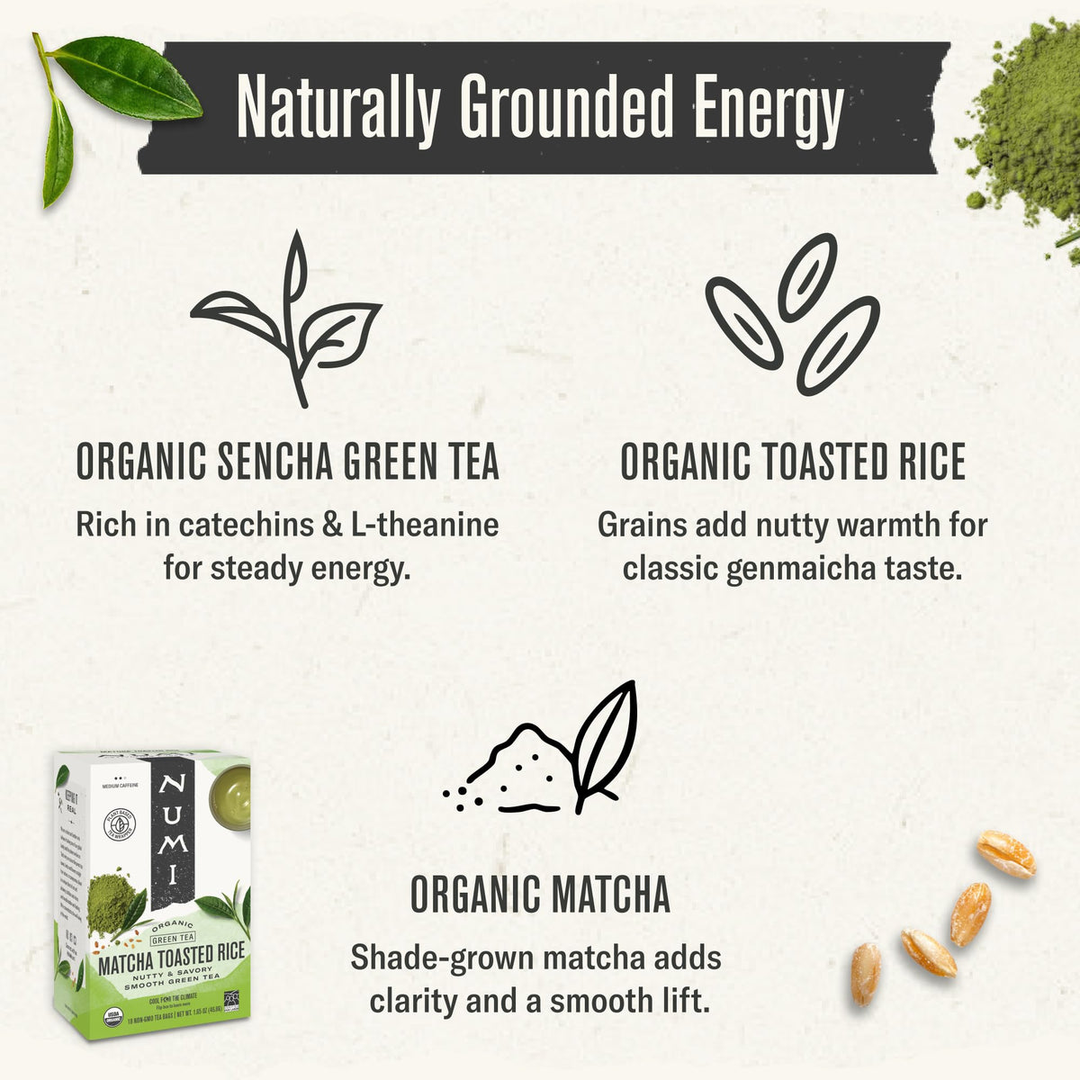 Numi Organic Matcha Toasted Rice Tea – 100 Tea Bags | Genmaicha with Matcha