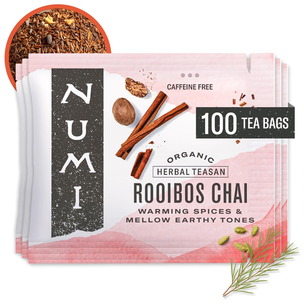 Numi Organic Rooibos Chai Tea - Caffeine-Free, 100 Tea Bags