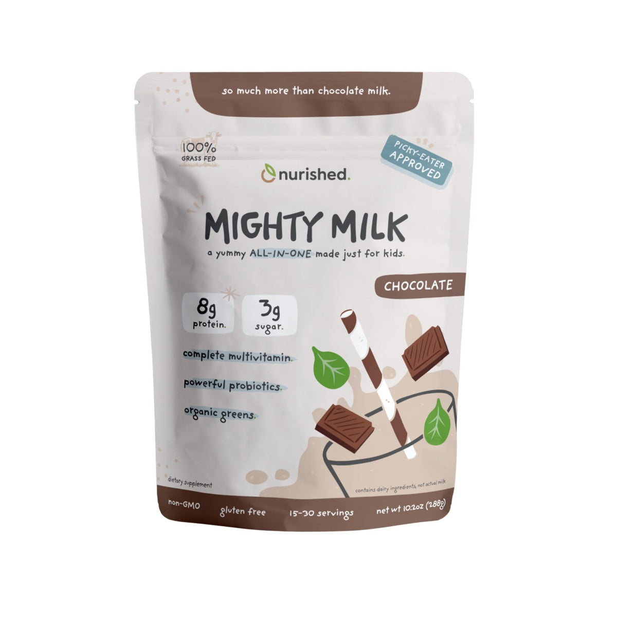 Nurished Mighty Chocolate Milk: Kids’ Daily Protein Powder with 2B Probiotics & Organic Spinach - 15-30 Servings