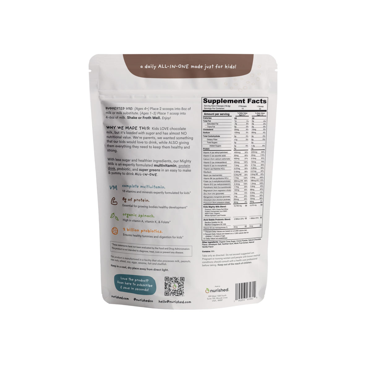 Nurished Mighty Chocolate Milk: Kids’ Daily Protein Powder with 2B Probiotics & Organic Spinach - 15-30 Servings