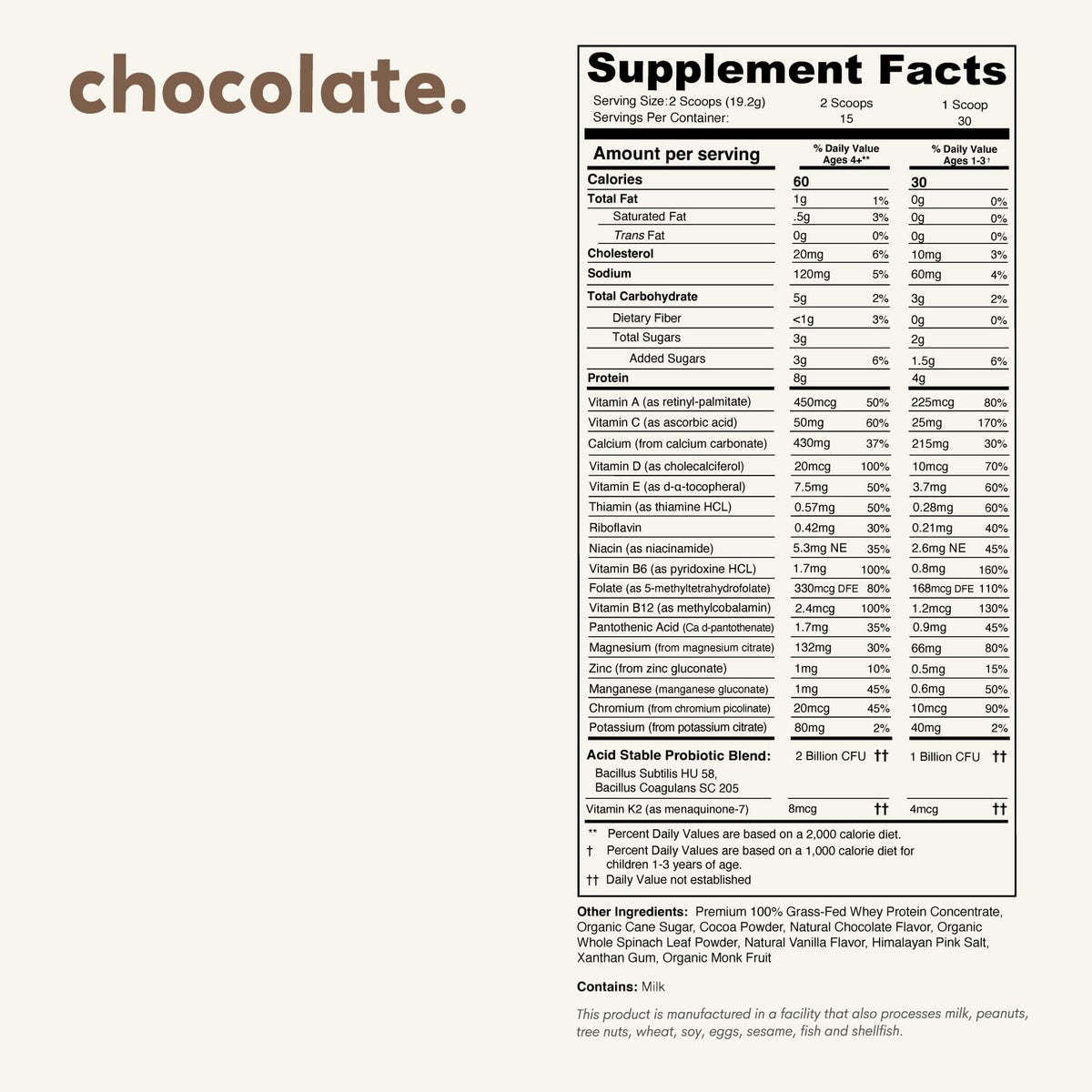 Nurished Mighty Chocolate Milk: Kids’ Daily Protein Powder with 2B Probiotics & Organic Spinach - 15-30 Servings
