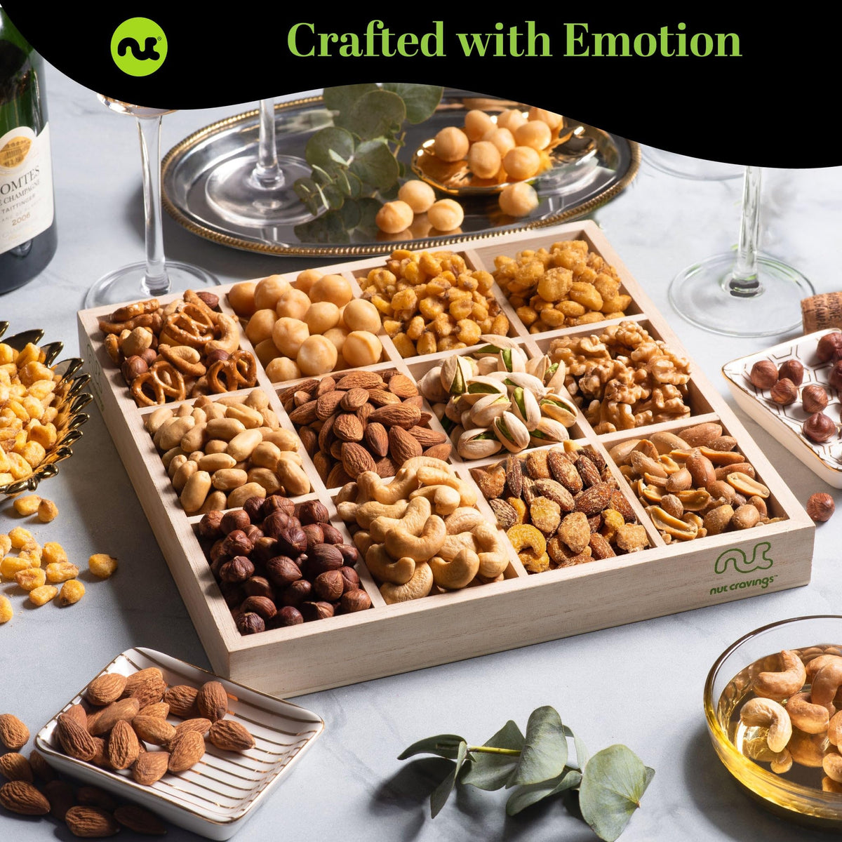 Nut Cravings Mother's Day Mixed Nuts Gift Basket — Reusable Wood Tray, Green Ribbon, 12 Assortments | Kosher
