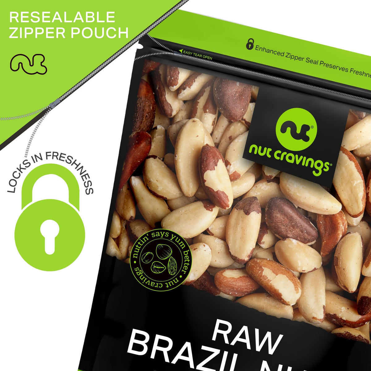 Nut Cravings Raw Brazil Nuts – Unsalted, Whole, 16oz, Resealable Bag, Kosher