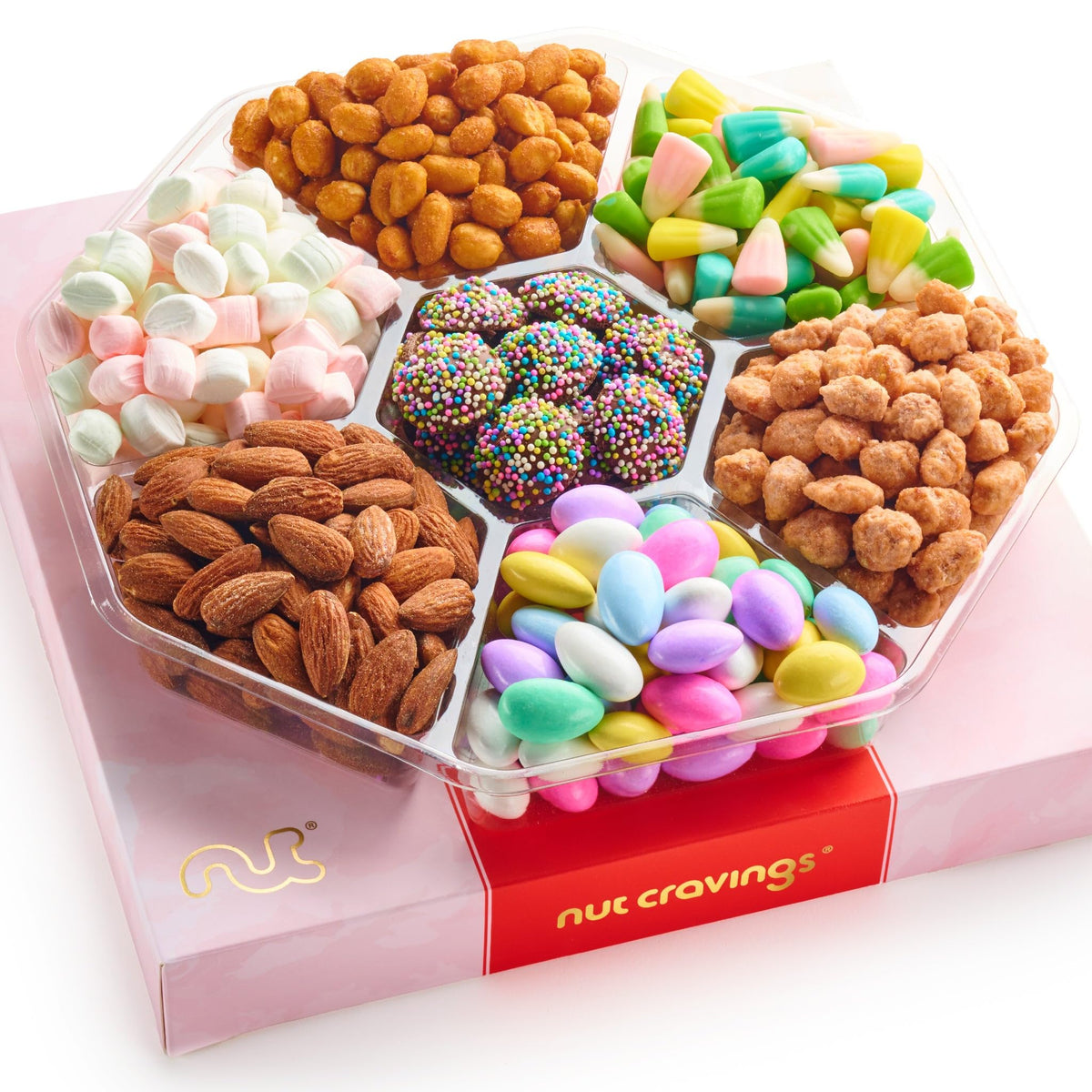 Nut Cravings Candies & Mixed Nuts Gift Basket – Red & Gold Box (1 lb) – 7 Assortments