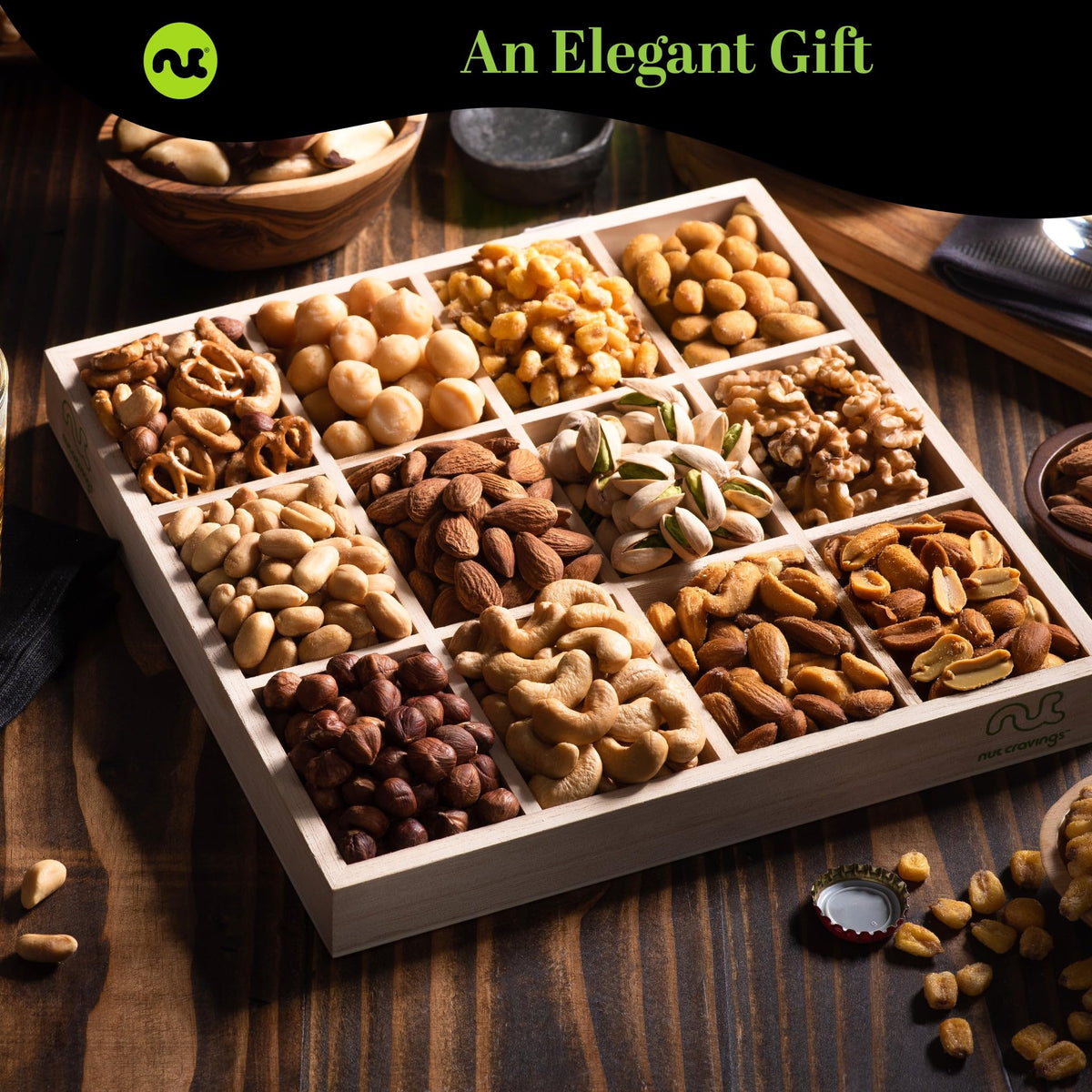 Nut Cravings Mother's Day Mixed Nuts Gift Basket — Reusable Wood Tray, Green Ribbon, 12 Assortments | Kosher