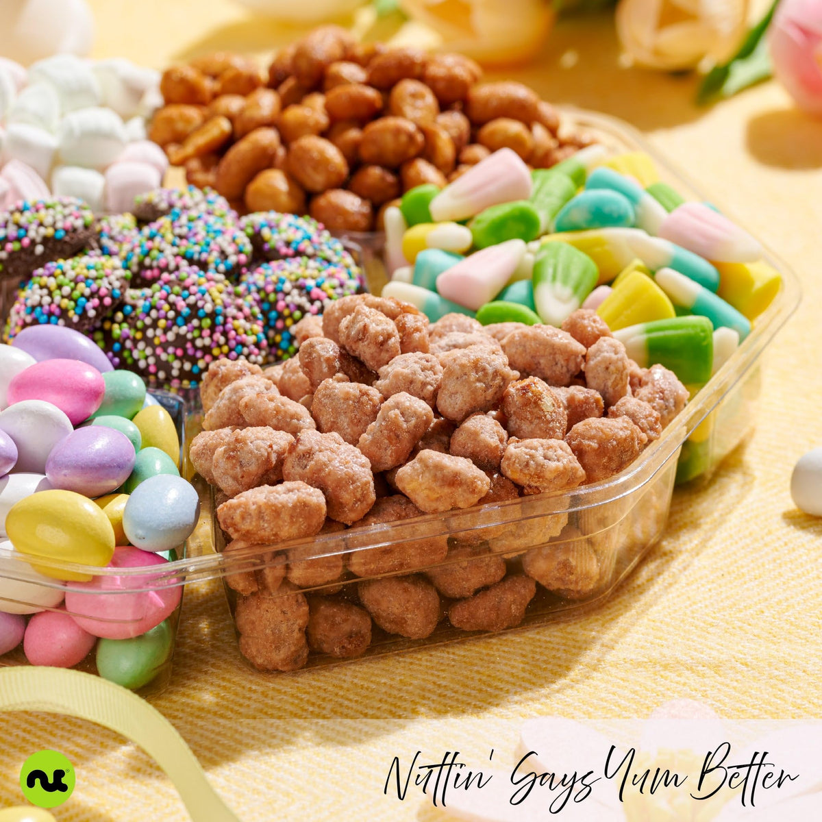 Nut Cravings Candies & Mixed Nuts Gift Basket – Red & Gold Box (1 lb) – 7 Assortments