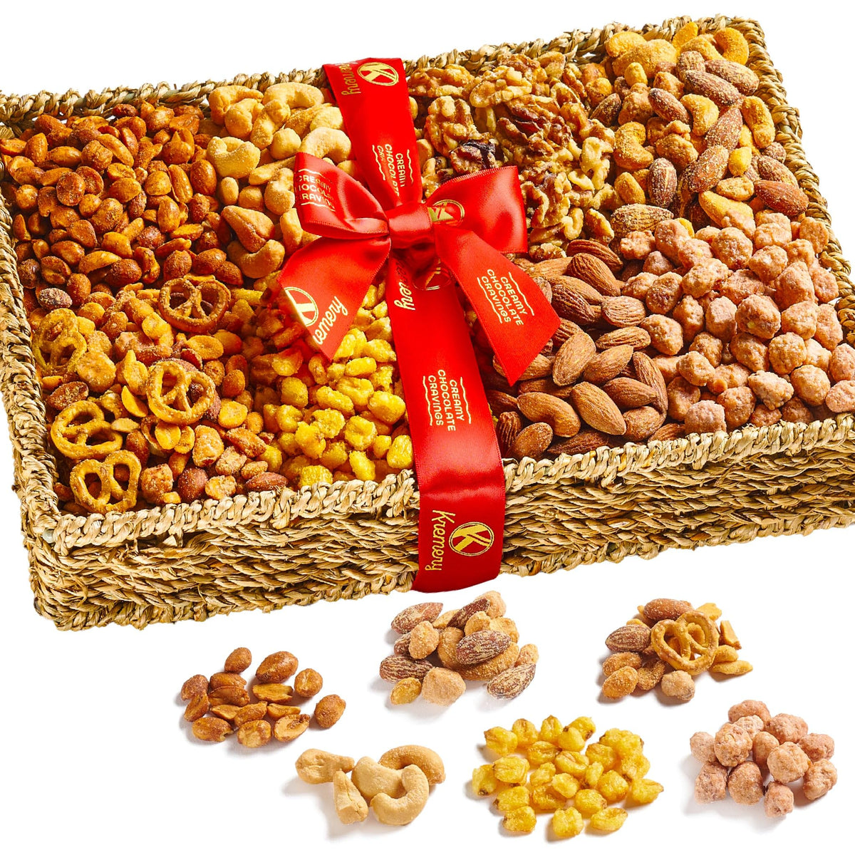 Nut Cravings KREMERY Mother's Day Treats Gift Basket — 9 Gourmet Nuts & Pretzels in Seagrass Tray, Kosher
